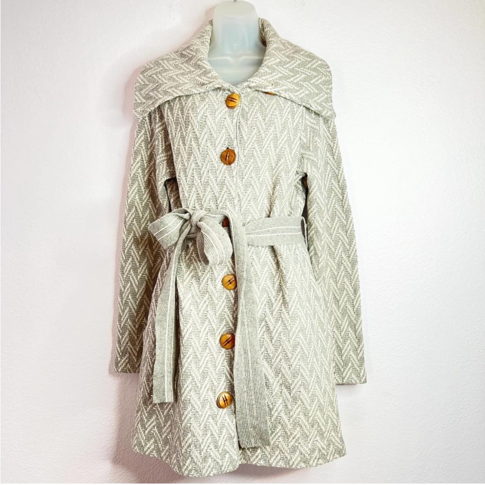 Anthropologie Moth Gray White Chevron Tie Waist Sweater Coat